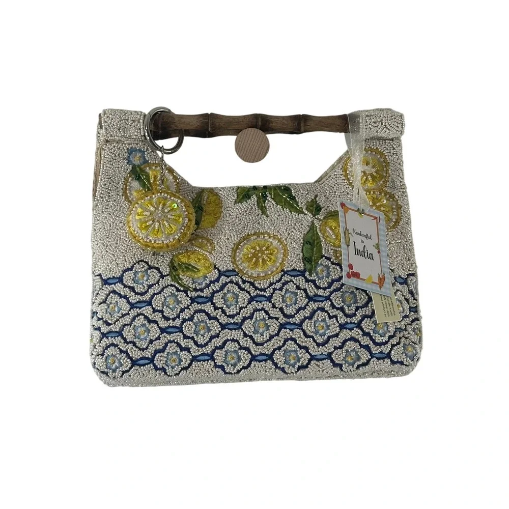 Handcrafted India Beaded Lemon Floral Bamboo Handle Bag White Yellow NWT